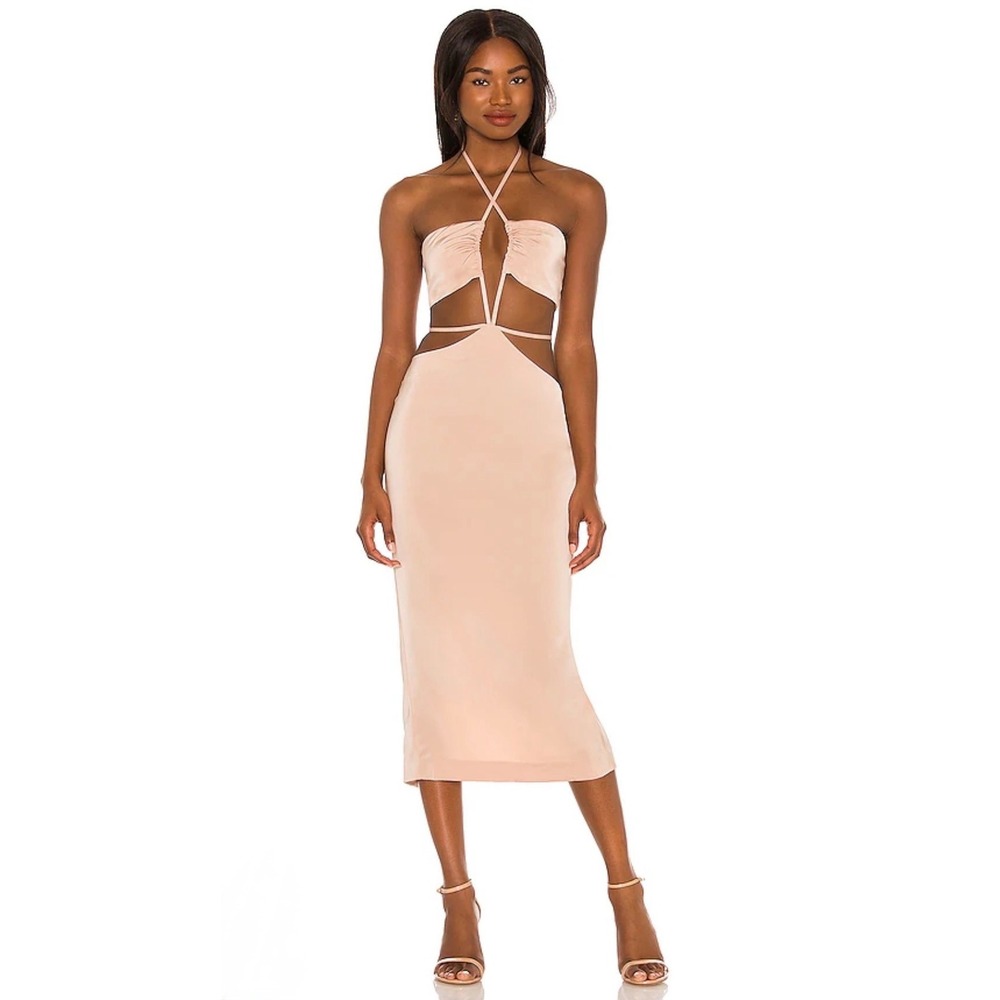 H:OURS Enza Cutout Strappy Midi Dress Nude Tan Size XS NWT $238